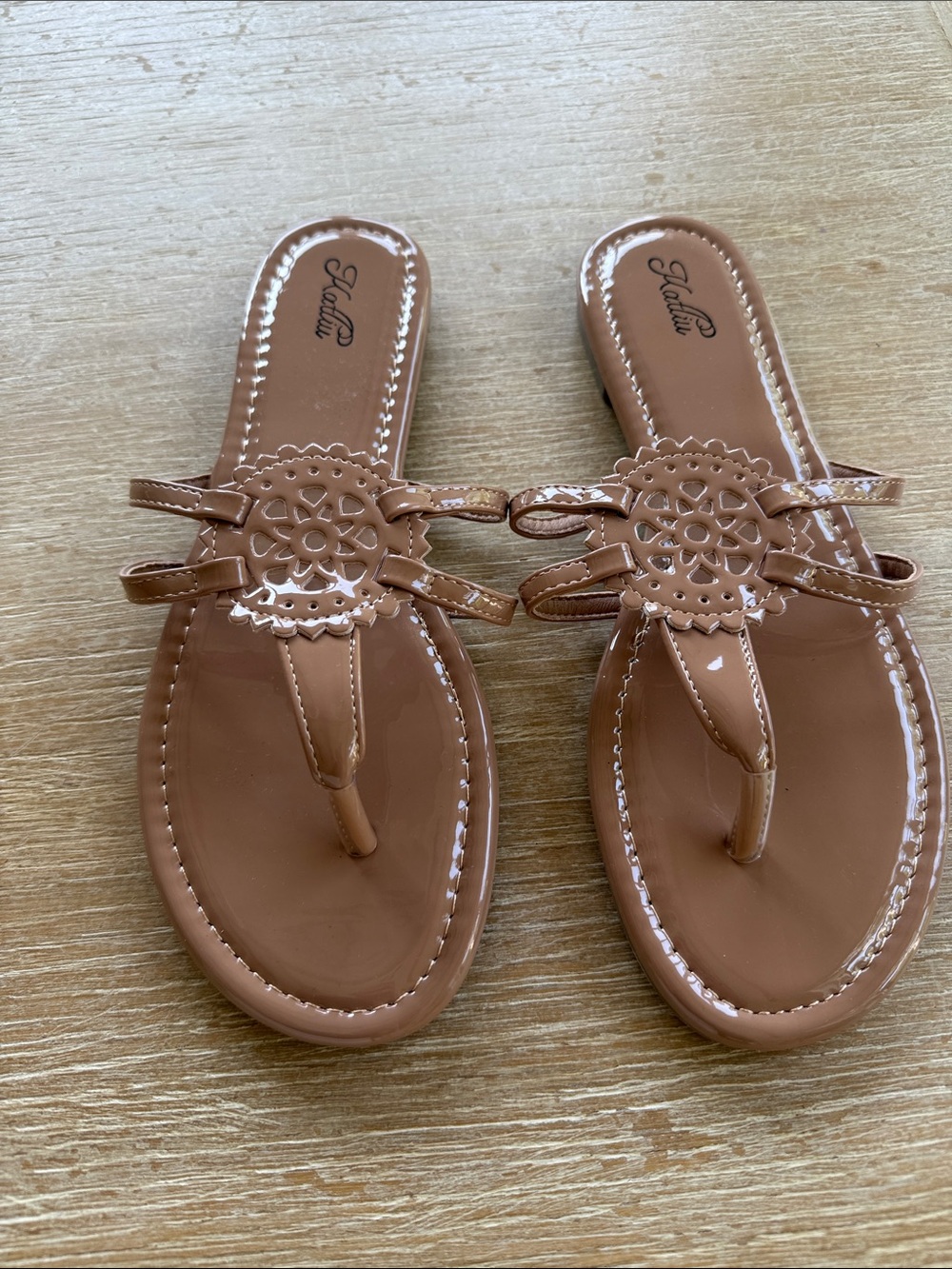 Patent-Style Tan Thong Sandals NWOT